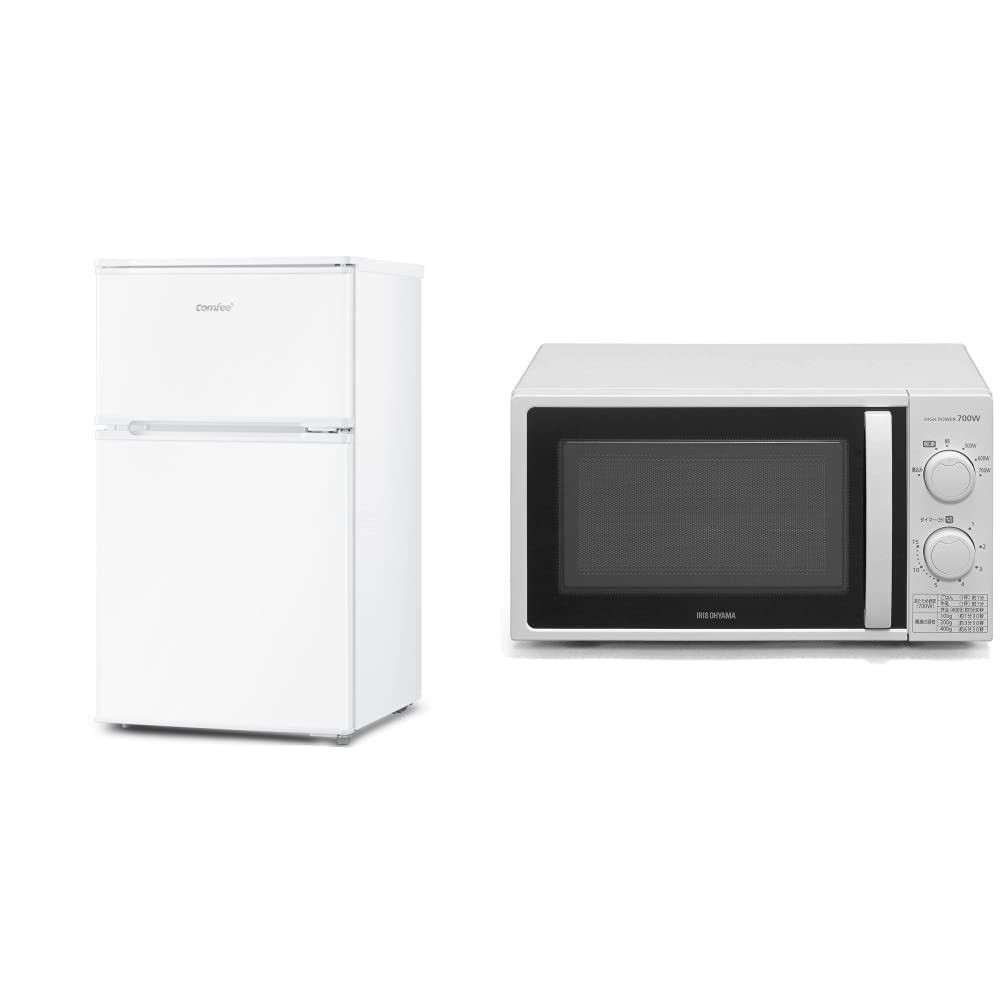 【セット買い】COMFEE' 冷蔵庫 小型 2ドア 90L 幅47cm 冷凍 ミニ冷蔵庫 右開き 耐熱天板 一人暮らし 家庭用 新生活 家電 オフィス  単身 おしゃれ ホワイトRCT90WH/E & アイリスオーヤマ 電子レンジ 17L ターンテーブル 単機能 700W 出力6段階